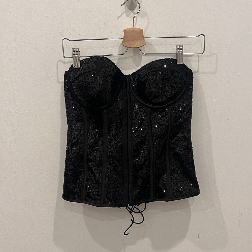 Fashion Nova Sequin Corset Top Black Sz M
